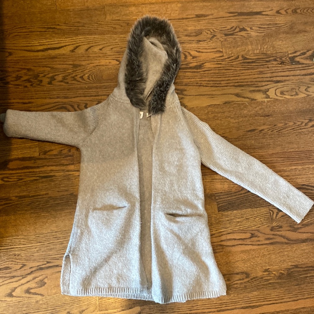Gap, grey cardigan, faux fur hood, size medium
